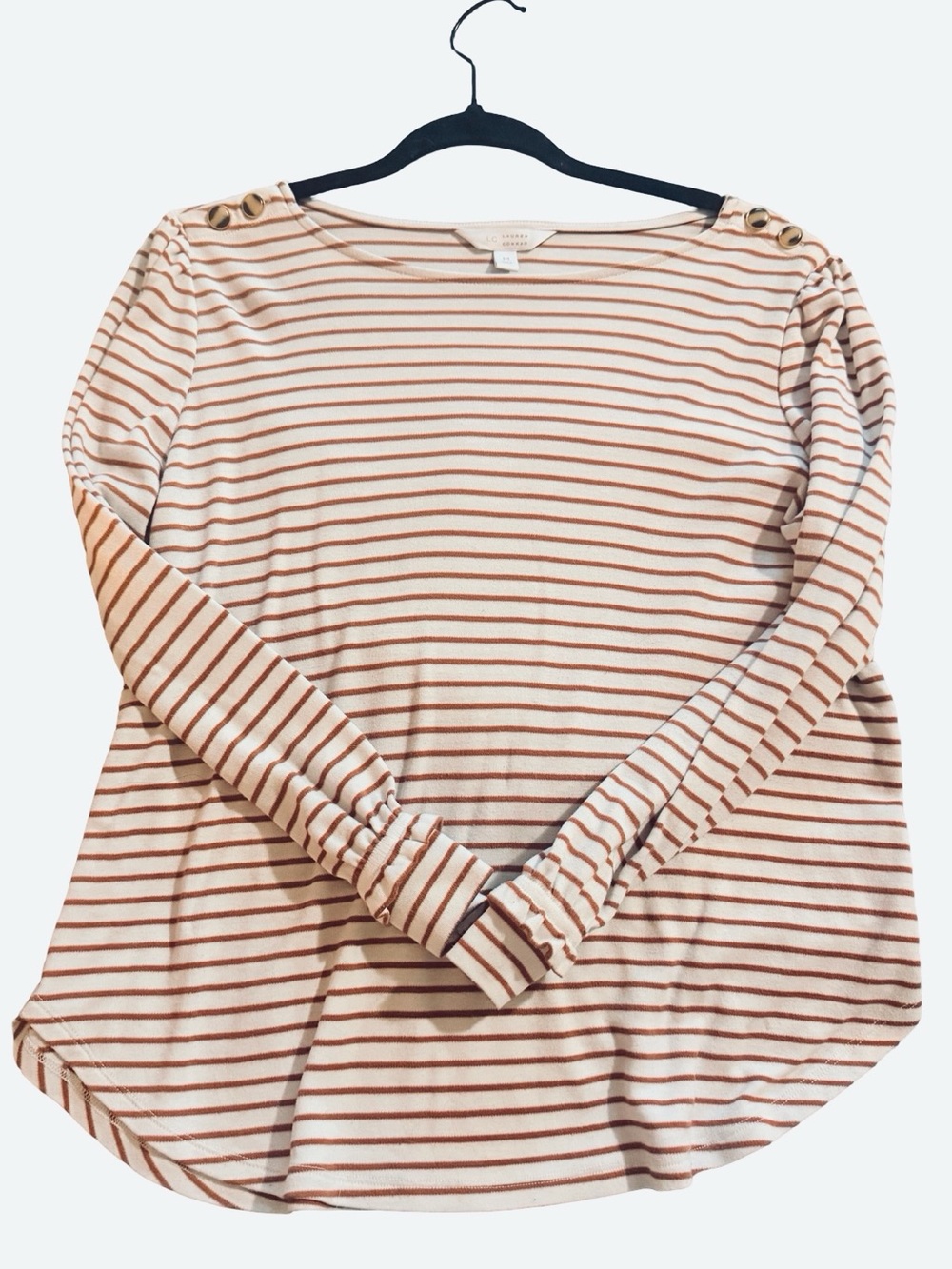 LC Lauren Conrad Cream & Brown Striped Long-Sleeve Top with Shoulder Buttons